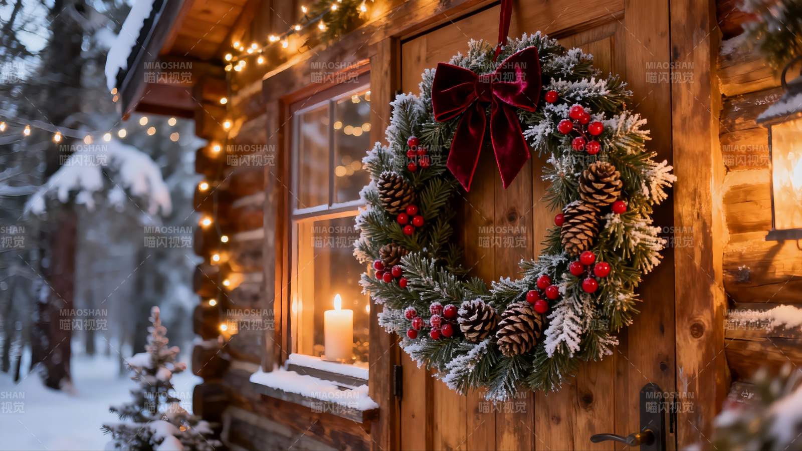 雪夜木屋圣诞花环温馨场景图片