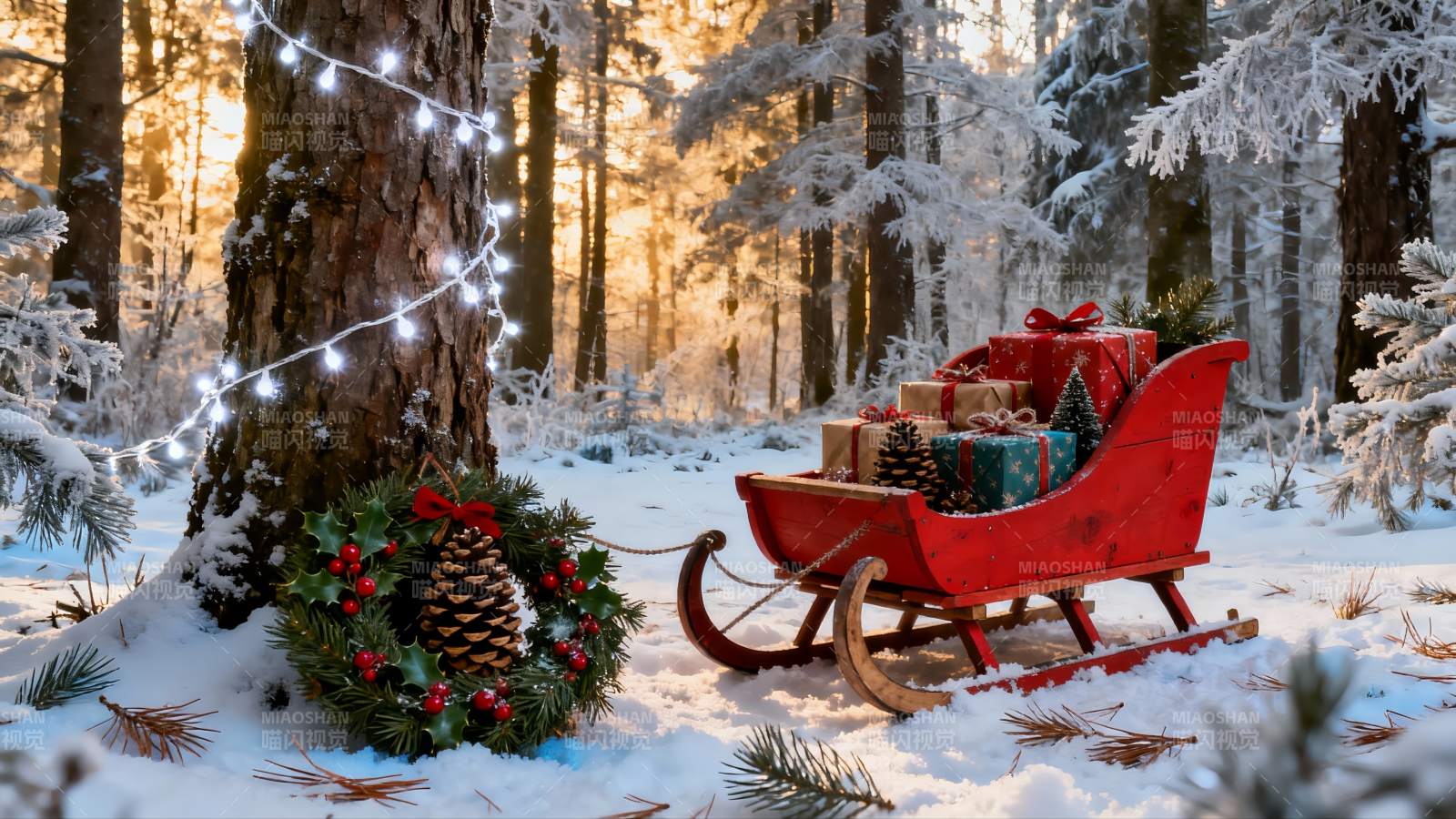 雪地圣诞雪橇与礼物图片