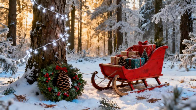 雪地圣诞雪橇与礼物图片