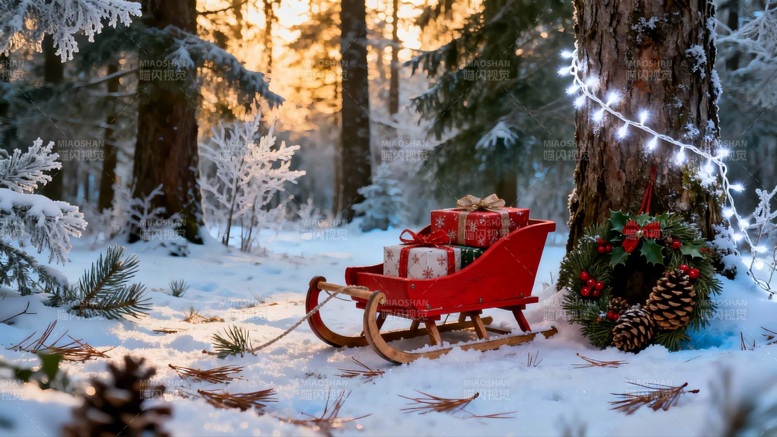 雪地圣诞雪橇与礼物图片