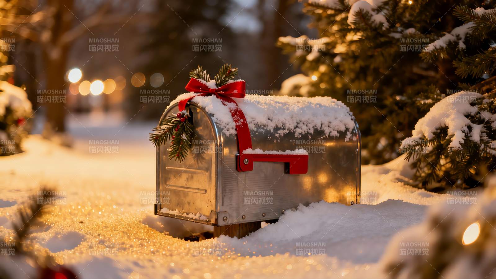 雪夜邮箱挂红饰图片