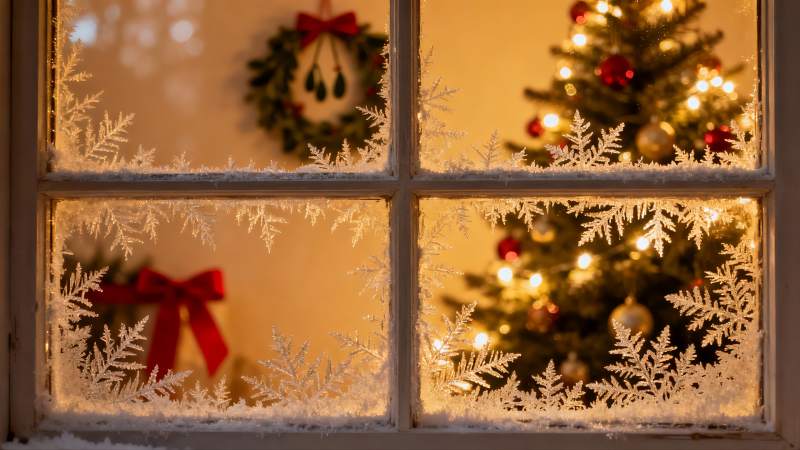 窗前圣诞树与冰花装饰图片