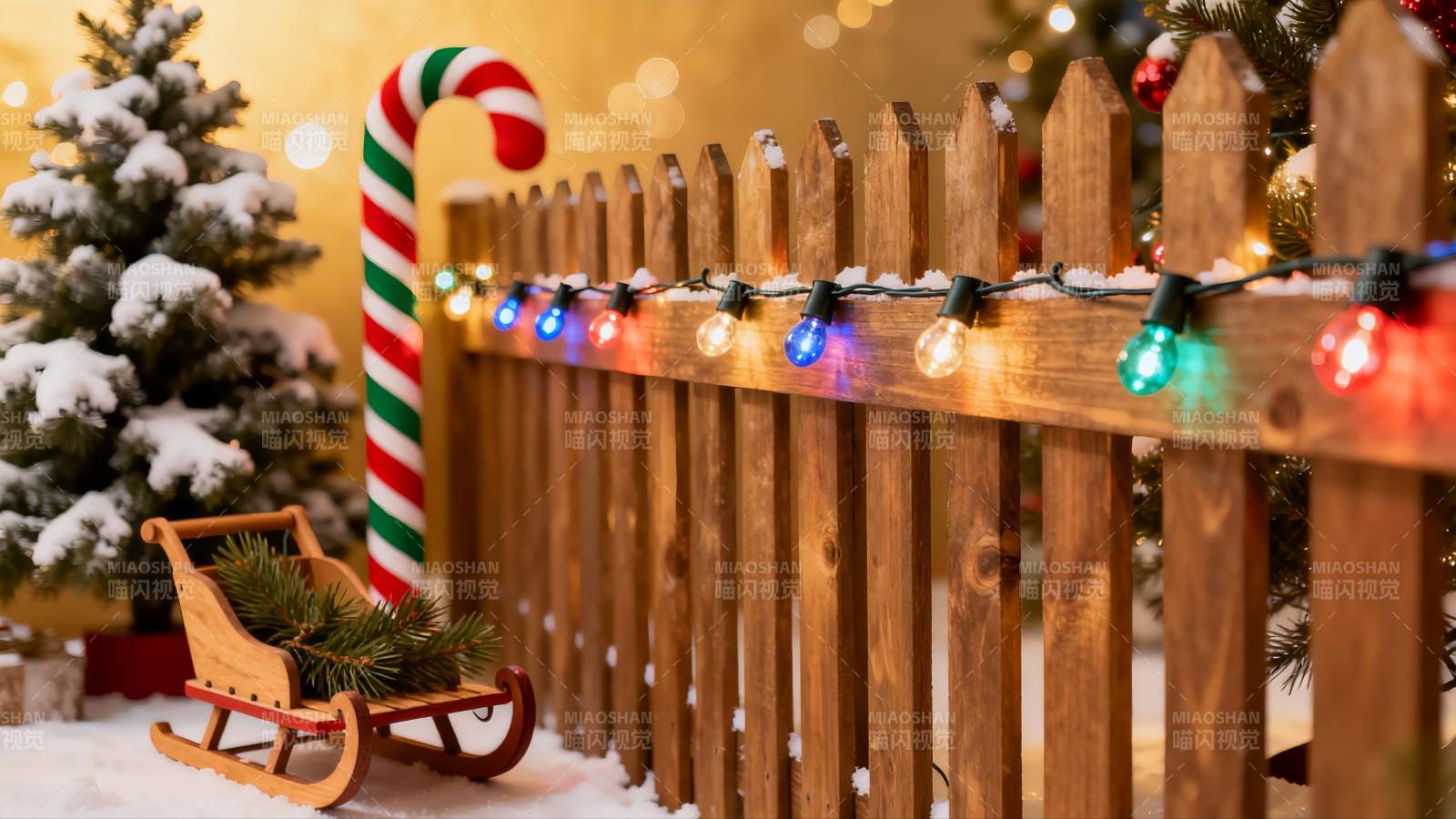 圣诞雪景木栅栏与雪橇图片