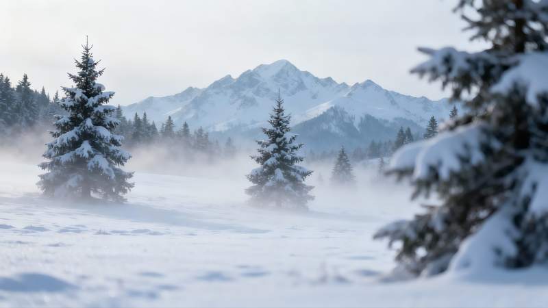 雪覆山林雾气缭绕冬日景象图片