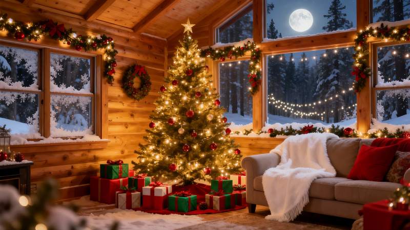 温馨圣诞夜木屋室内场景图片