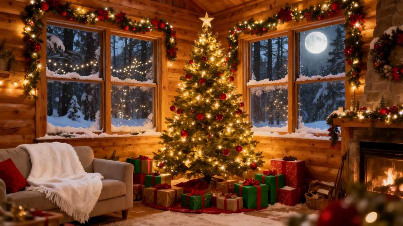 温馨圣诞夜木屋场景图片
