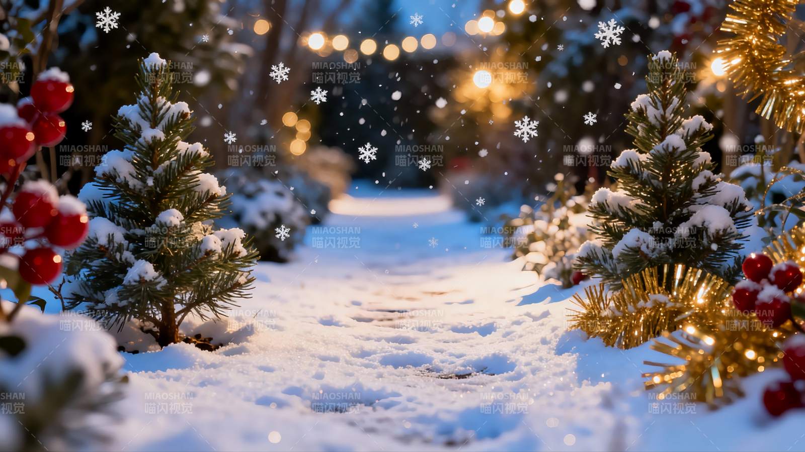 雪夜小径圣诞装饰图片