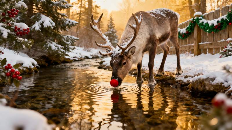 雪地驯鹿饮水红球点缀图片