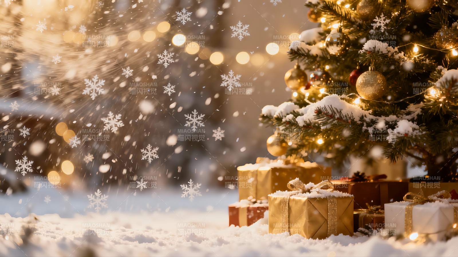 雪夜圣诞树与礼物盒图片