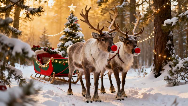 雪地圣诞驯鹿拉雪橇图片