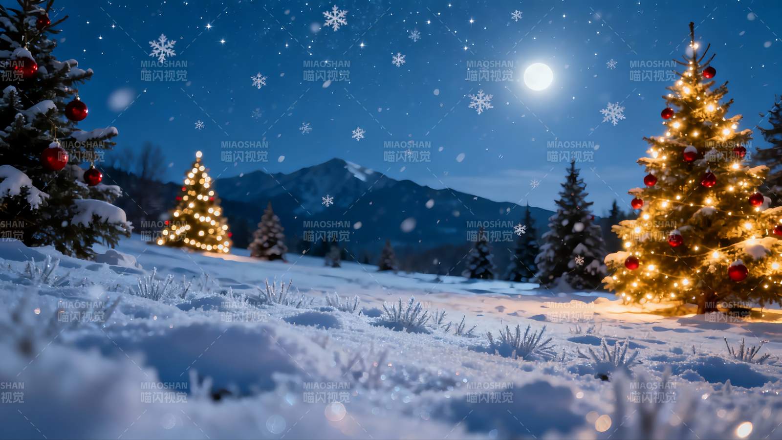 雪夜圣诞树星空美景图片