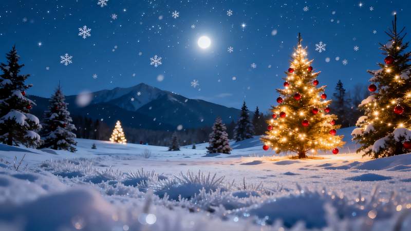 雪夜圣诞树星空美景图片