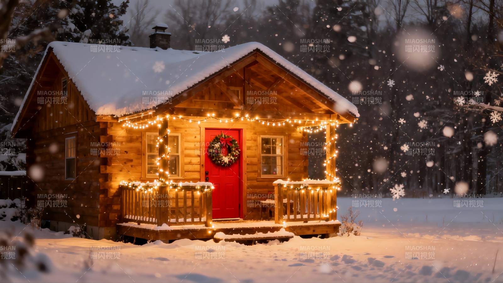雪夜木屋灯火温馨图片
