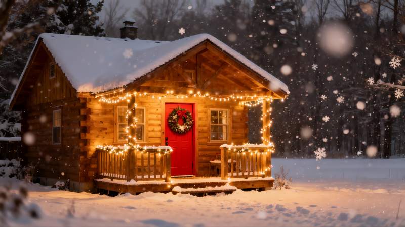 雪夜木屋灯火温馨图片