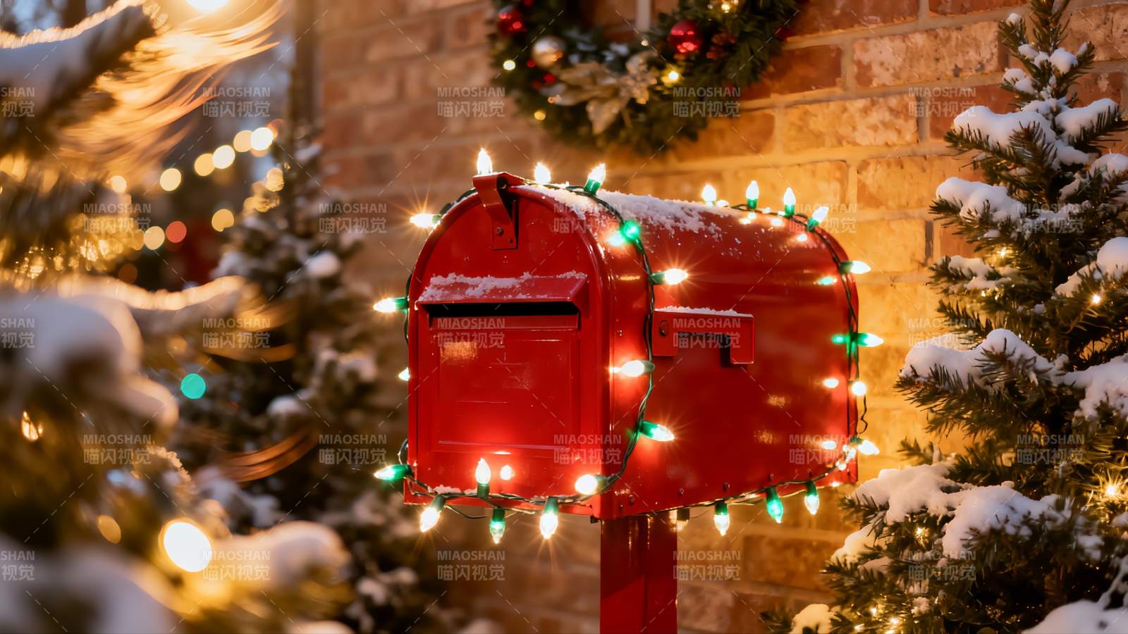 雪夜圣诞邮箱亮灯图片