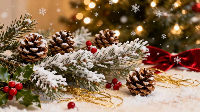 圣诞松枝雪景装饰图片
