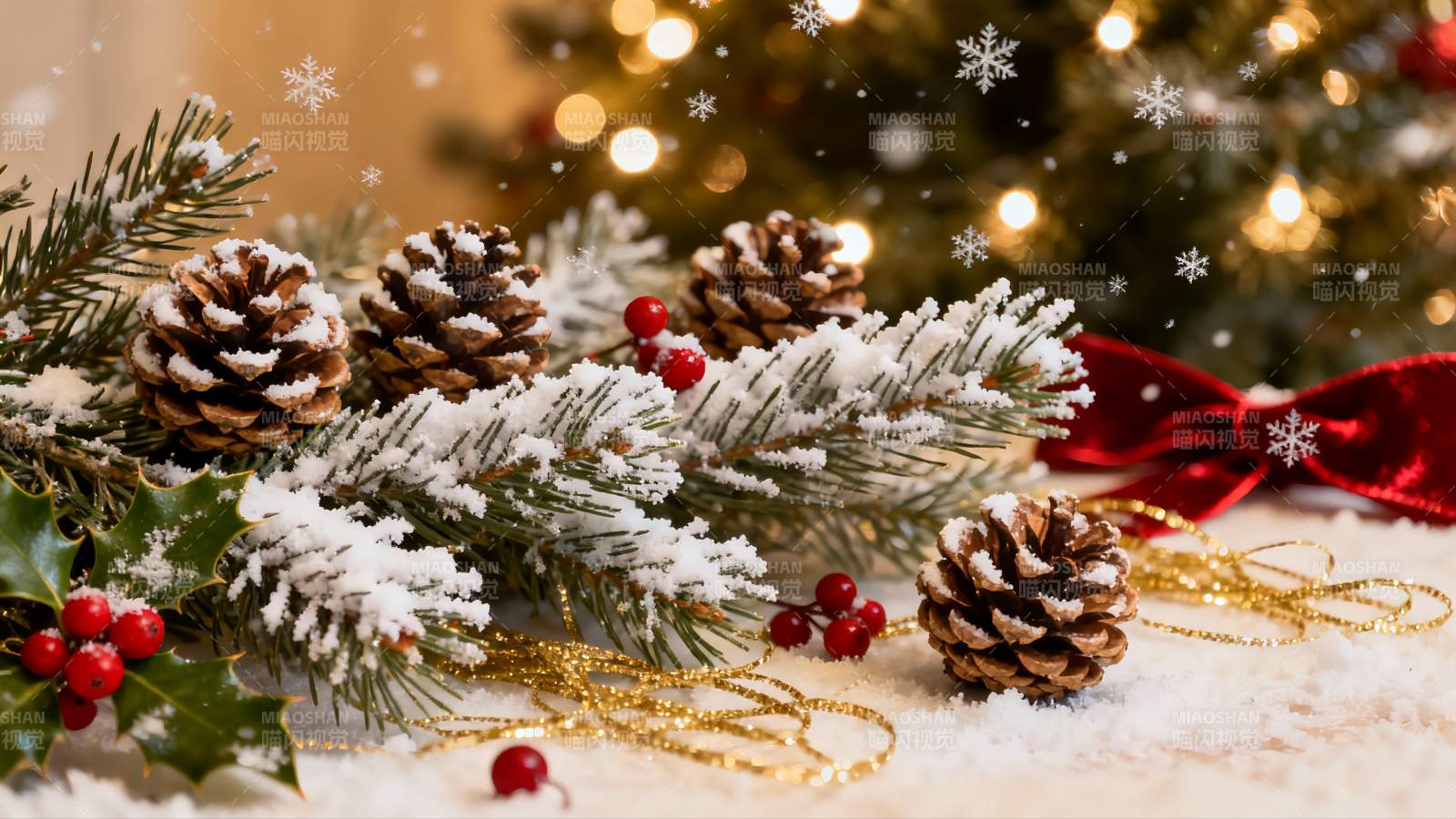 圣诞松枝雪景装饰图片