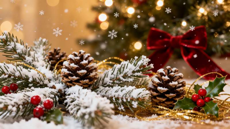 圣诞装饰雪景松果红果图片