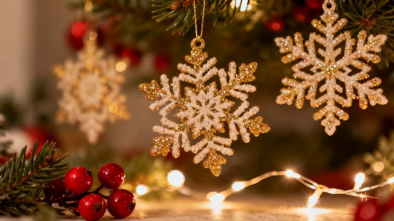 圣诞树上的金色雪花挂饰图片