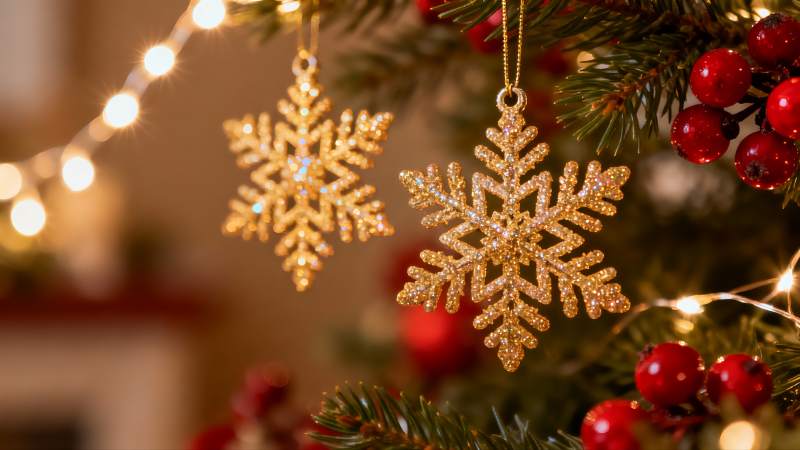 圣诞树上的金色雪花挂饰图片