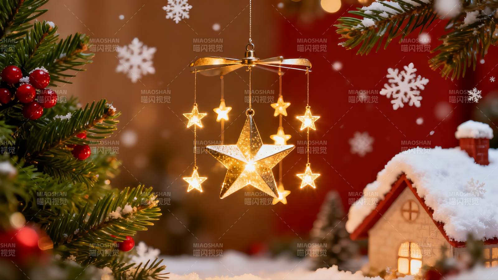 圣诞夜雪景挂饰与小屋图片