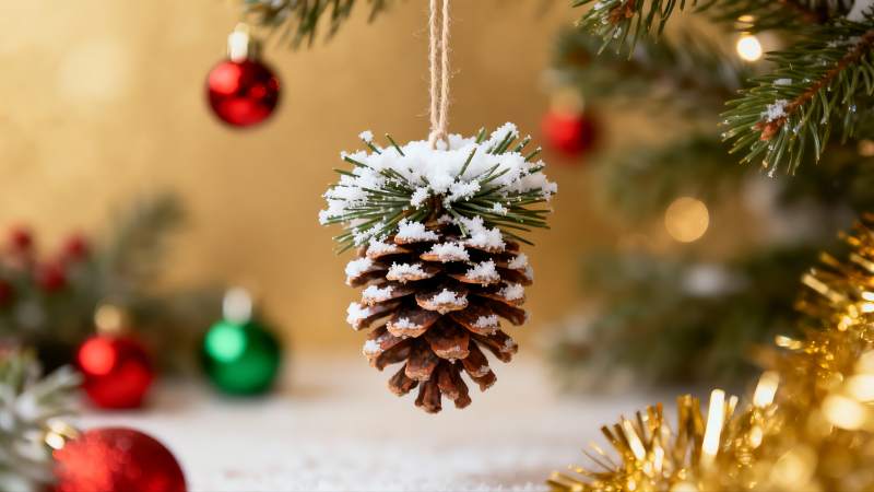 圣诞松果挂饰雪景图片