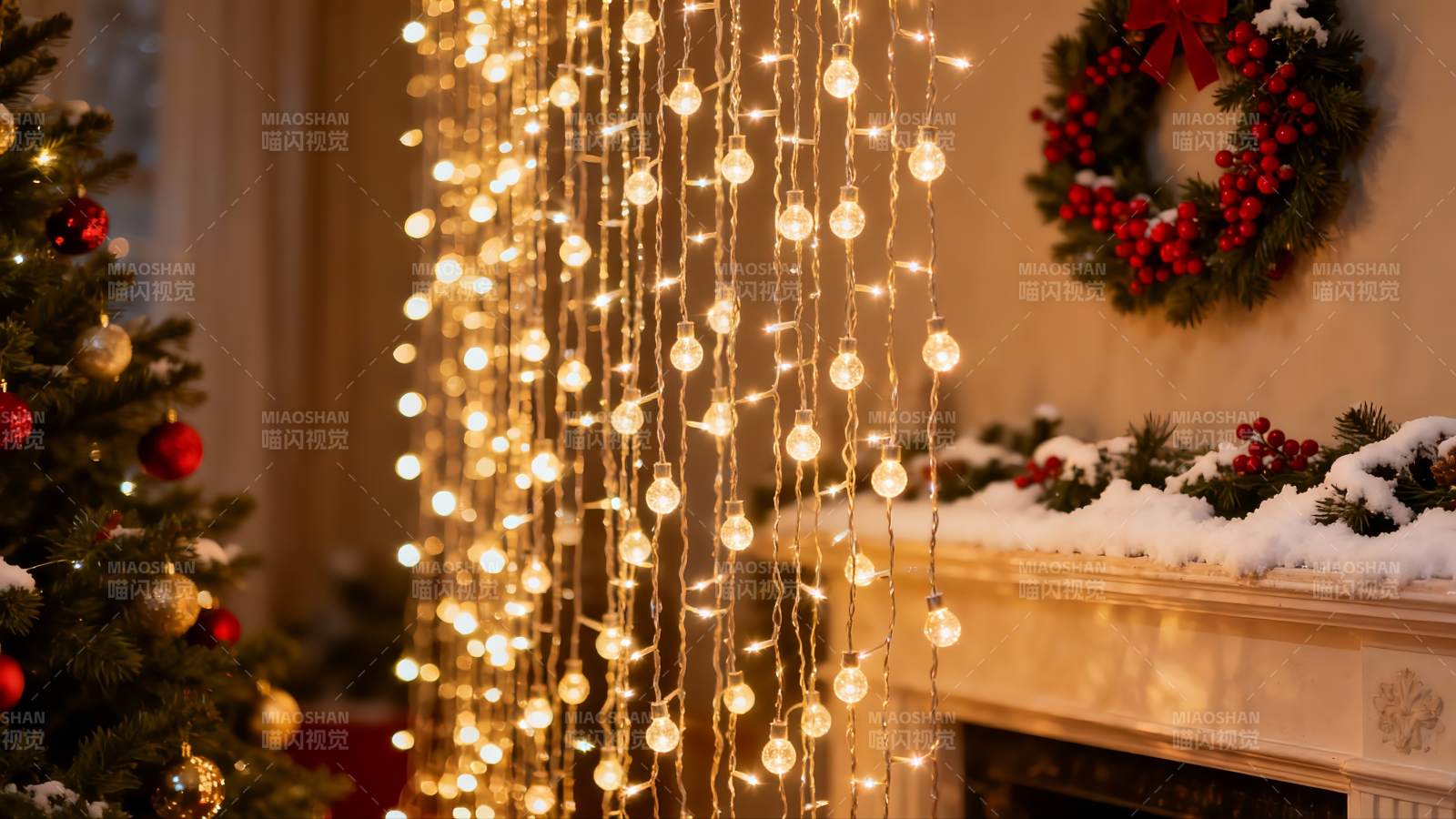 圣诞装饰灯光与花环图片