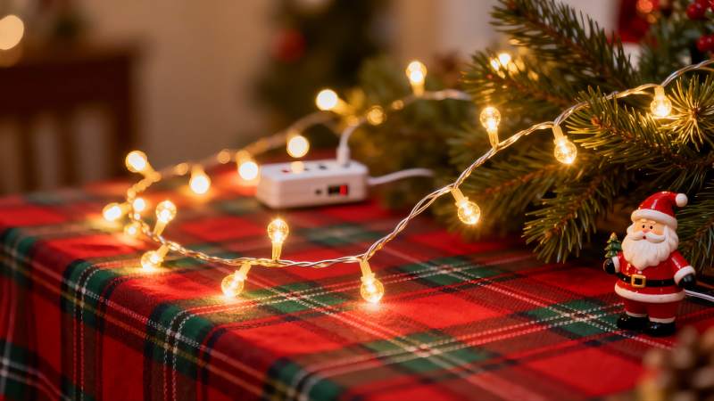 圣诞桌布彩灯与玩偶装饰图片