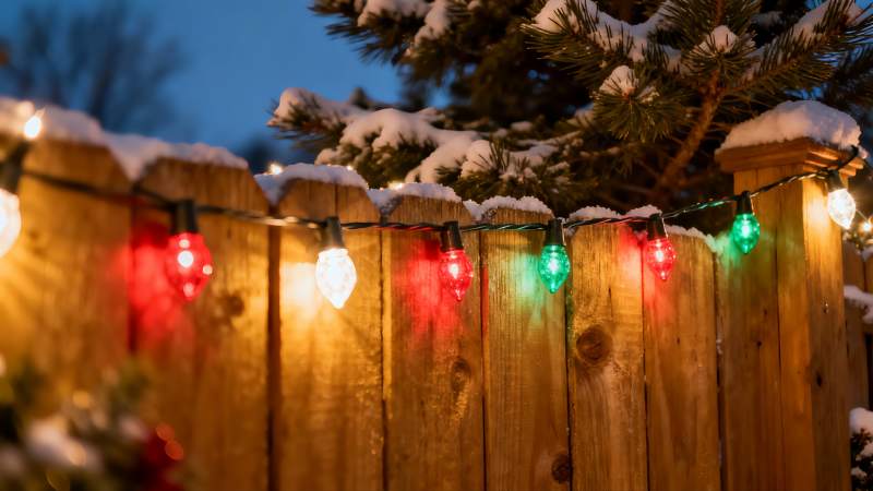 雪夜木栅栏彩灯装饰图片