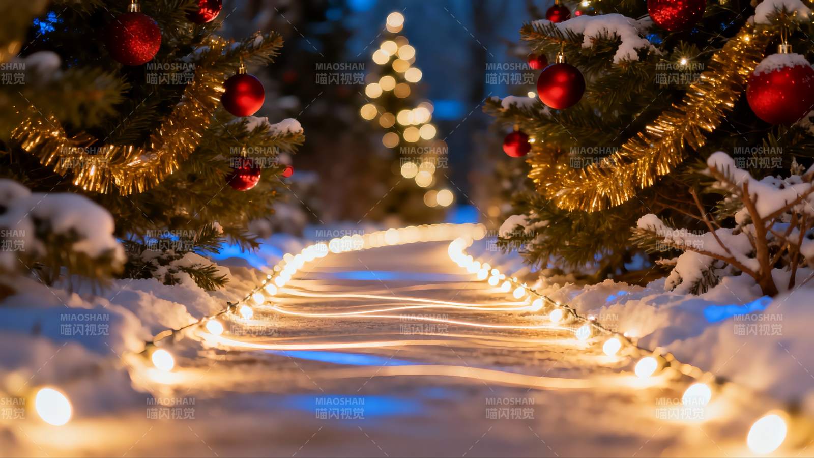 雪夜圣诞树灯光小径图片