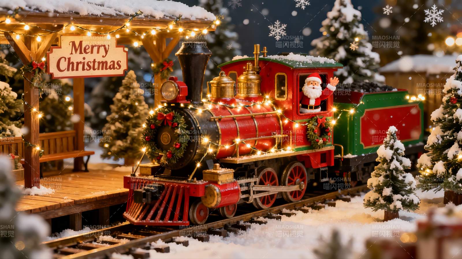 圣诞雪景火车与装饰小屋图片
