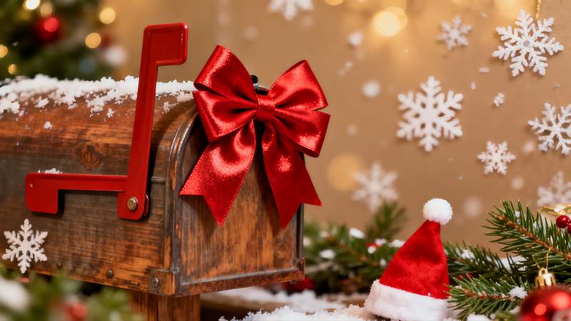 圣诞装饰木箱与红色蝴蝶结图片