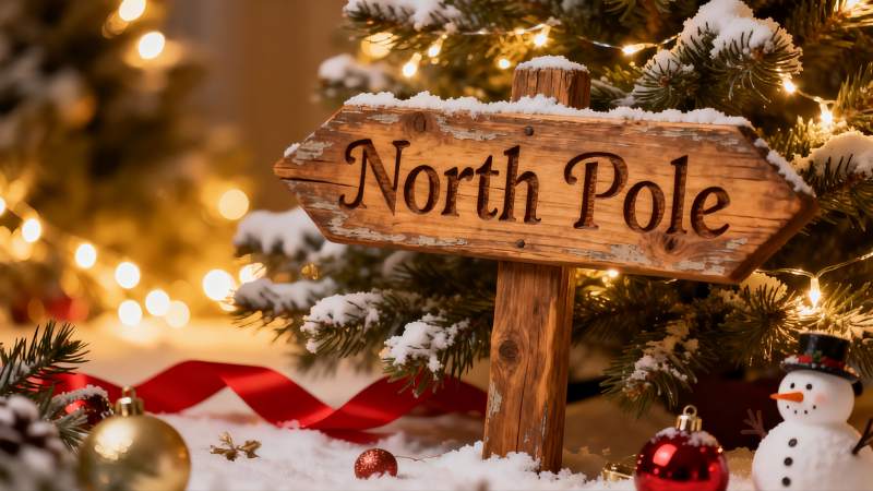 圣诞树旁的北极指示牌图片