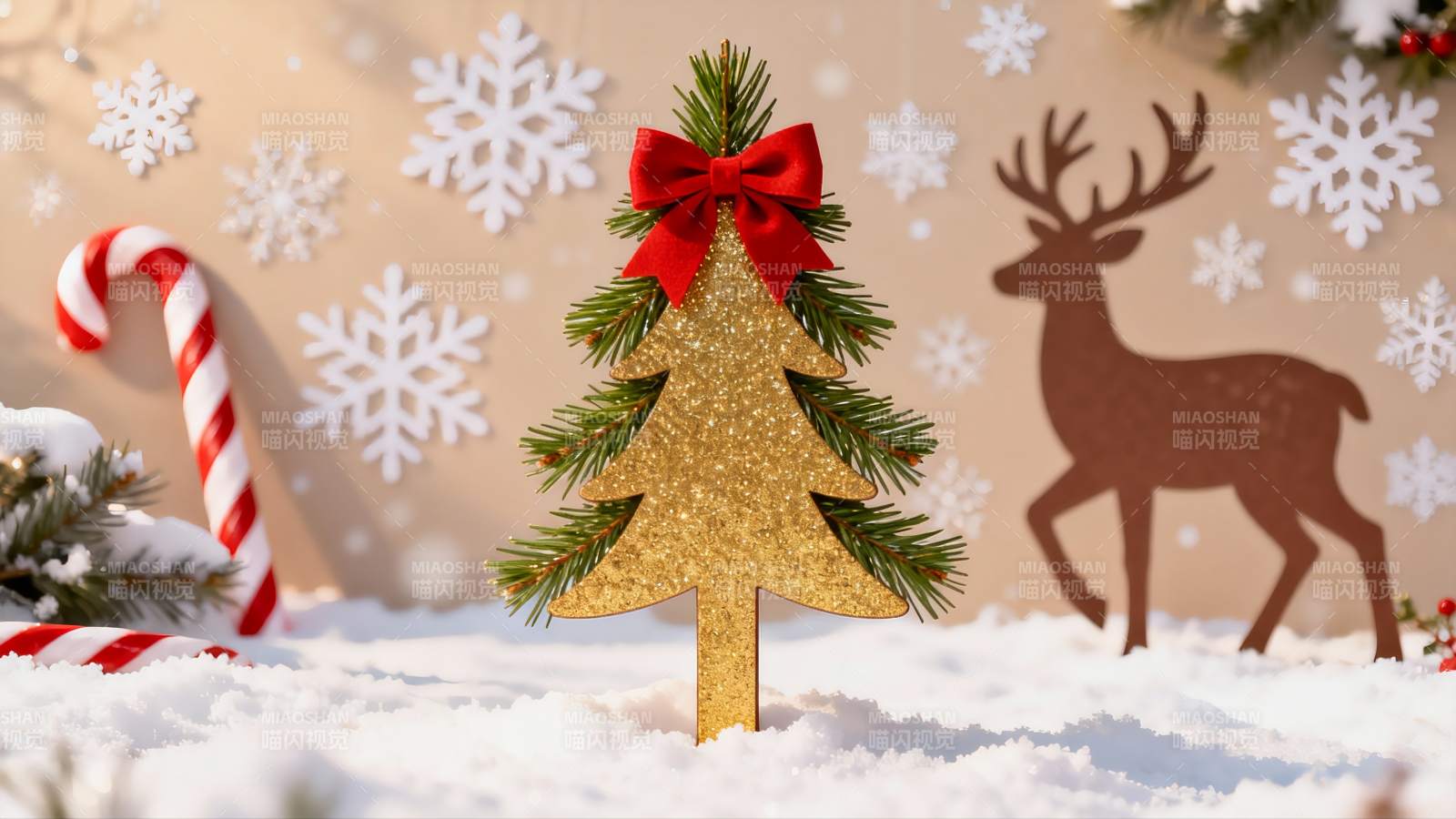 圣诞树雪地装饰场景图片
