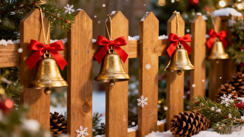 雪中木栅栏挂金色铃铛图片