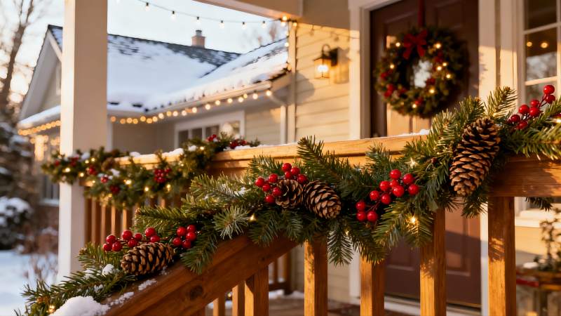 冬日圣诞装饰的温馨门廊图片