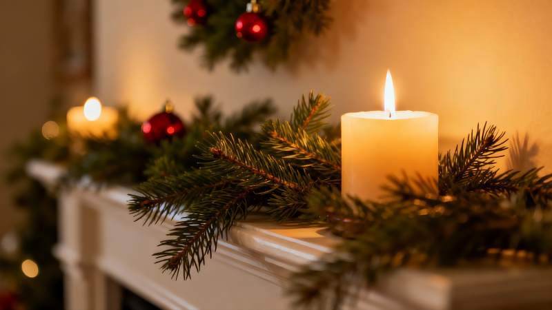 壁炉架上的圣诞蜡烛与松枝图片
