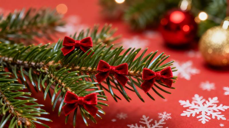 圣诞松枝系红蝴蝶结图片