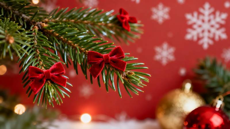 圣诞松枝红蝴蝶结装饰图片