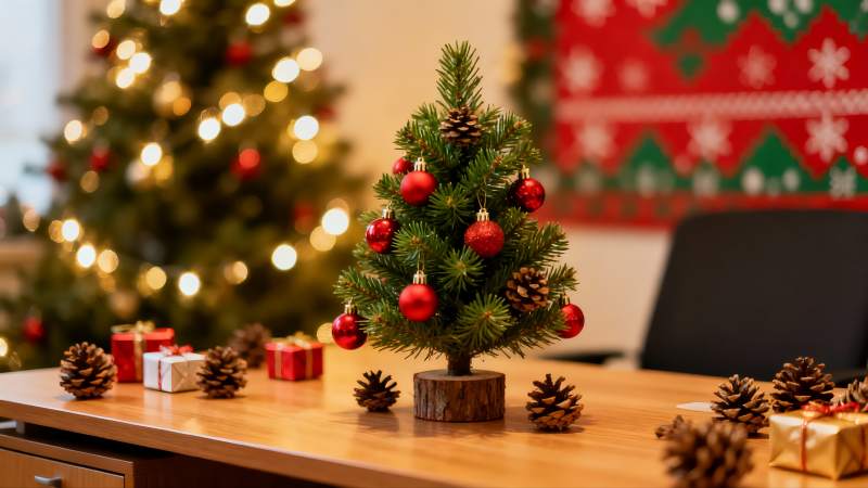 圣诞树与松果桌面装饰图片