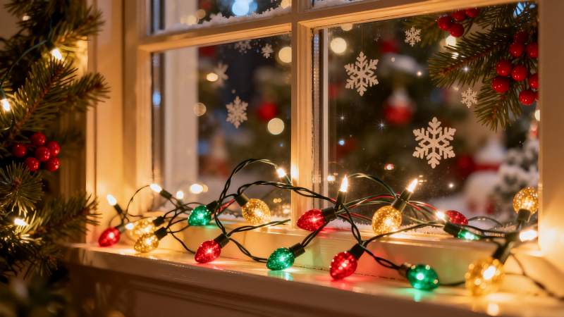 圣诞窗景彩灯闪烁温馨图片