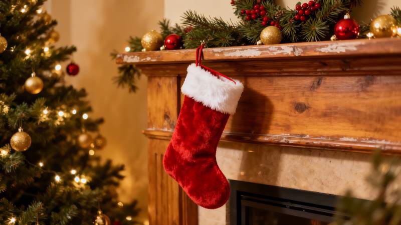 圣诞树旁壁炉挂袜节日装饰图片
