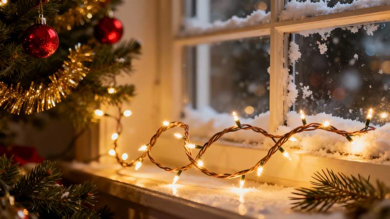 圣诞树窗边灯光雪景图片