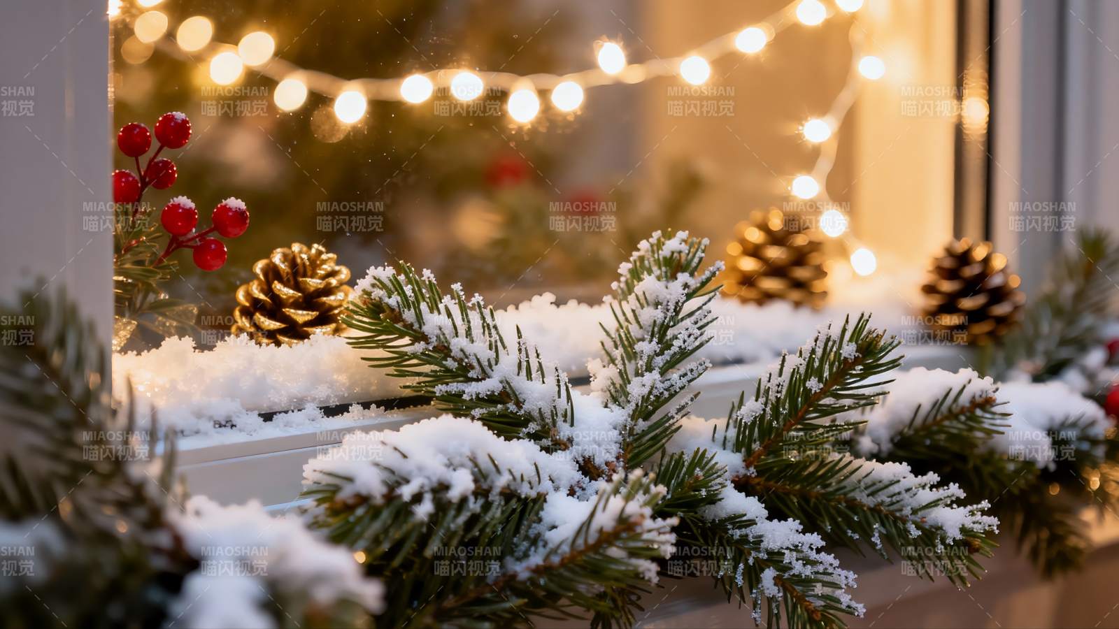 窗台雪松装饰节日氛围图片