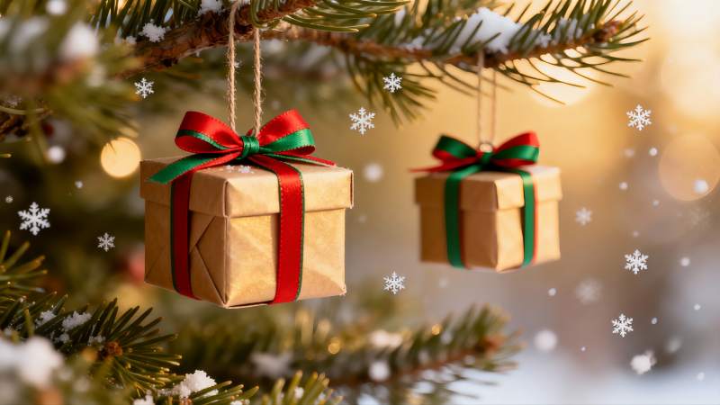 圣诞树挂礼物盒温馨节日图片