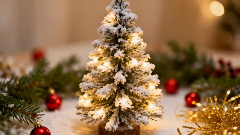 雪覆圣诞树灯光闪烁图片