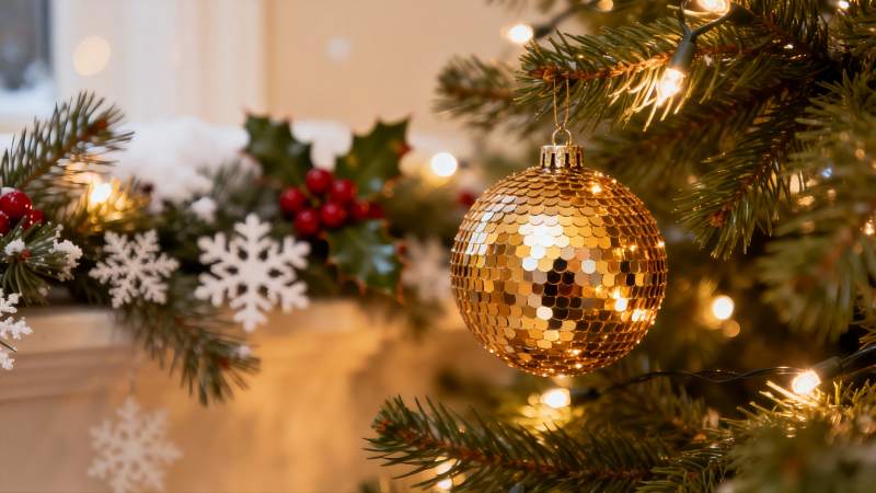 圣诞树上的金色装饰球图片