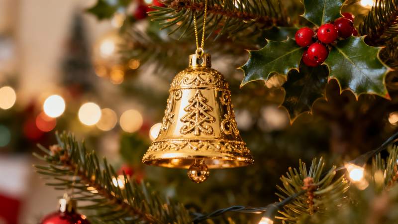 圣诞树上的金色铃铛装饰图片