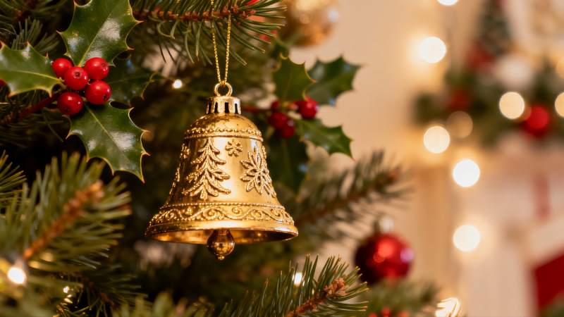 圣诞树上的金色铃铛装饰图片