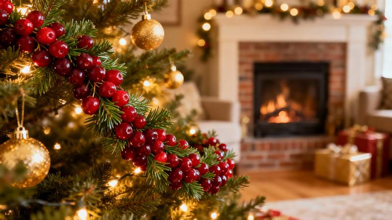 圣诞树与壁炉的温馨节日场景图片